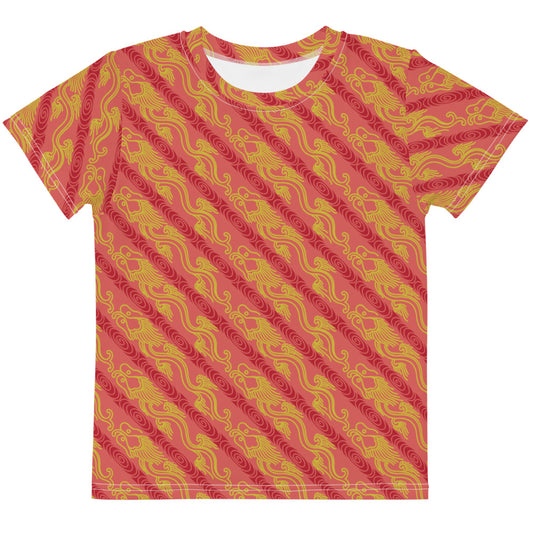 昇龍（昇竜）の伝統文様を赤地の男の子や女の子たち子供向けキッズTシャツの前面画像