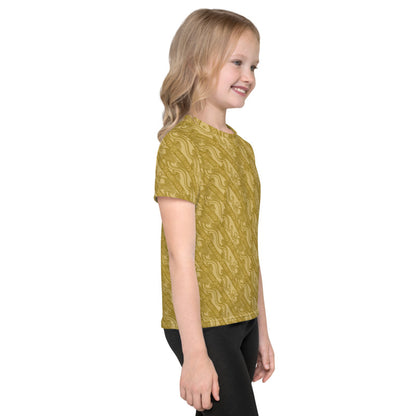 昇龍（昇竜）の伝統文様を茶色地の男の子や女の子たち子供向けキッズTシャツのコーデ画像（右サイド）