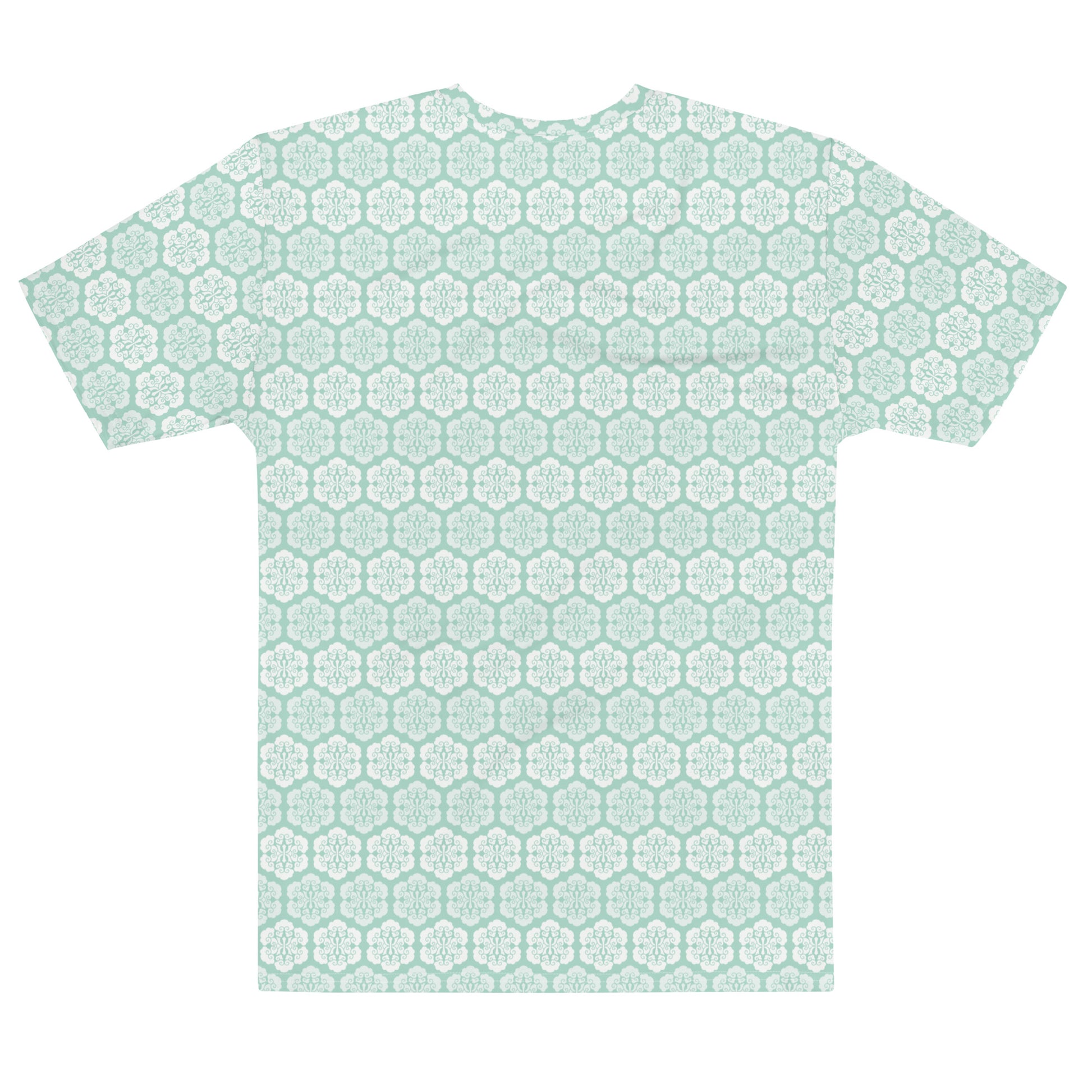 水色の六つ雲亀甲文様メンズTシャツの背面画像