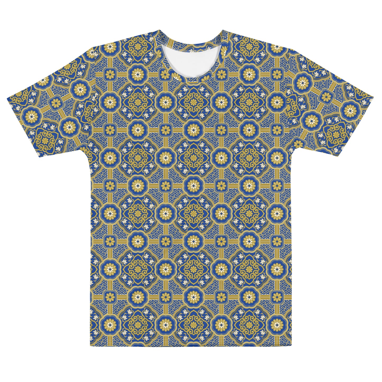 青系色の蜀江襷文様メンズTシャツの前面画像