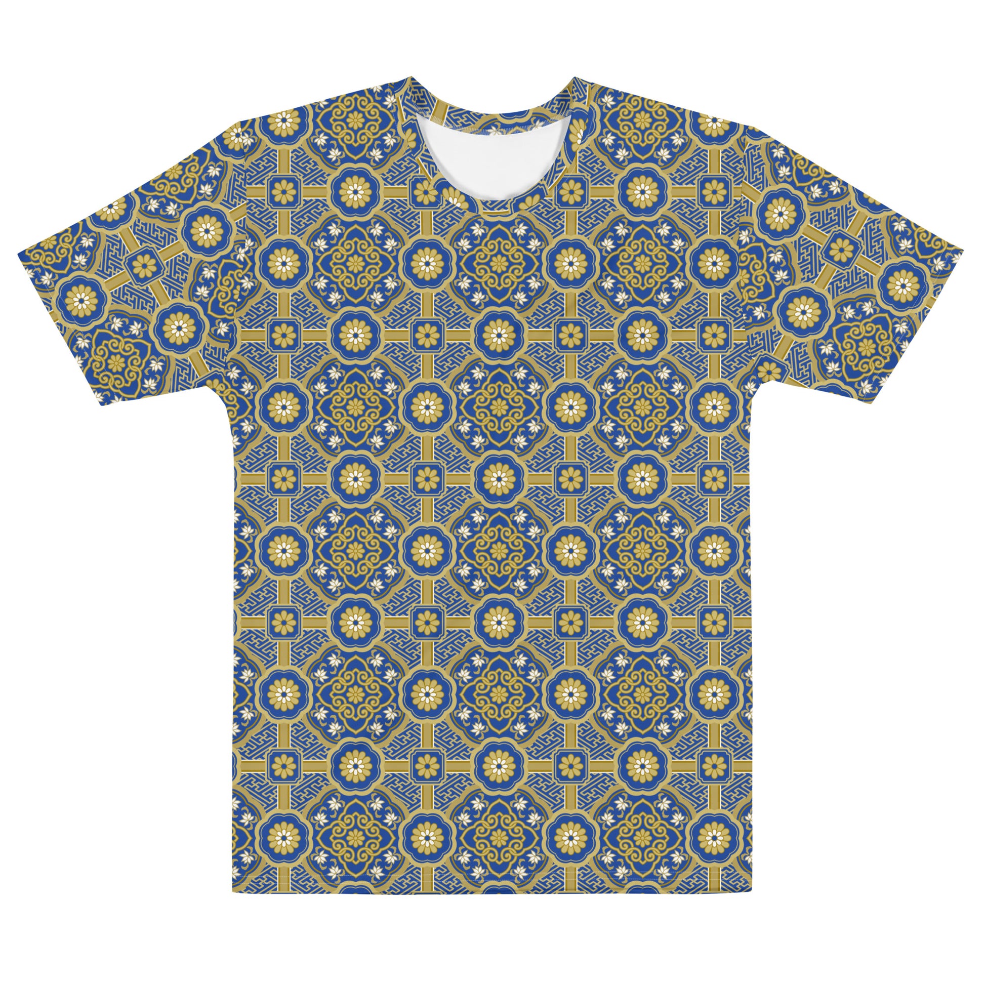 青系色の蜀江襷文様メンズTシャツの前面画像