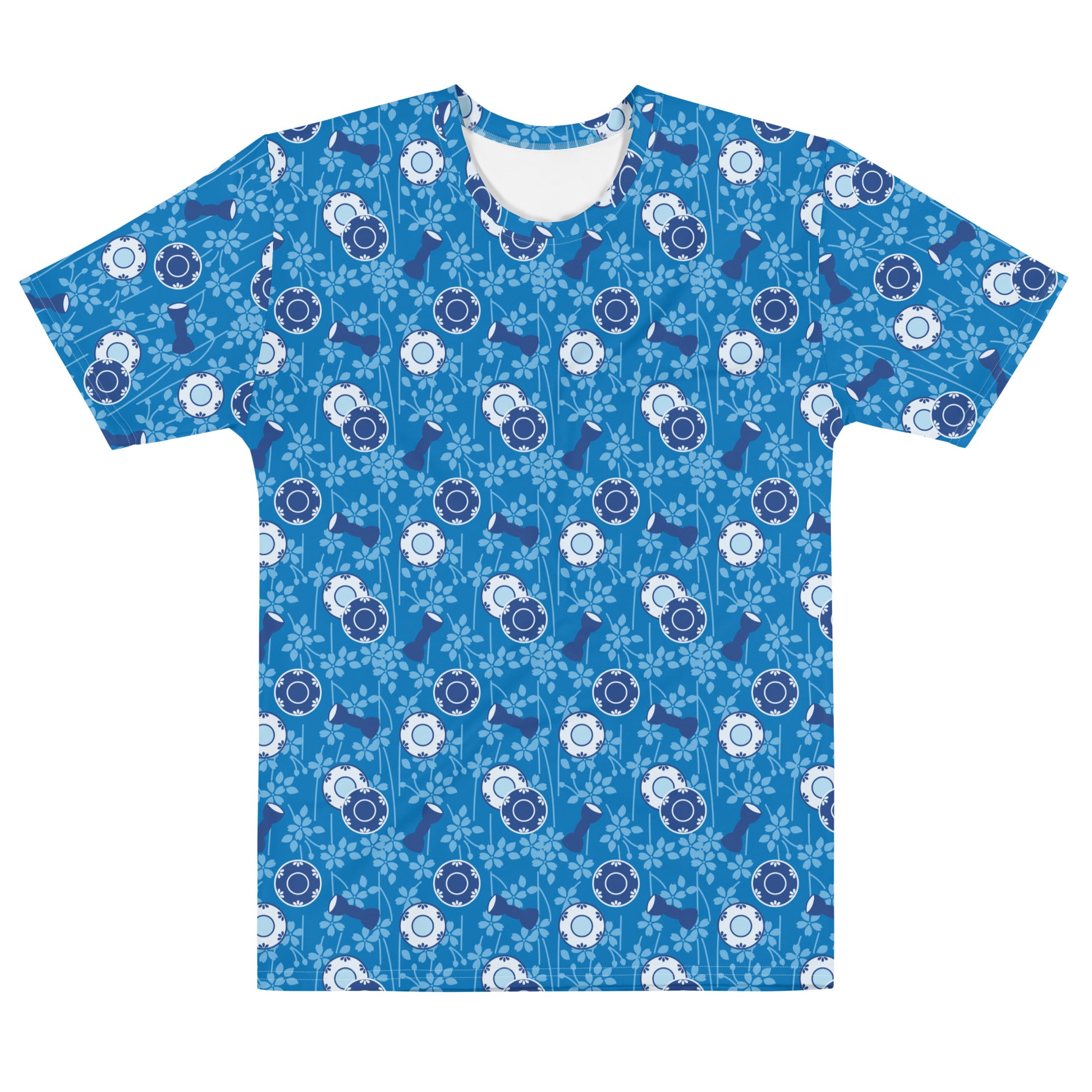 青色の鼓胴の文様のメンズTシャツの前面画像