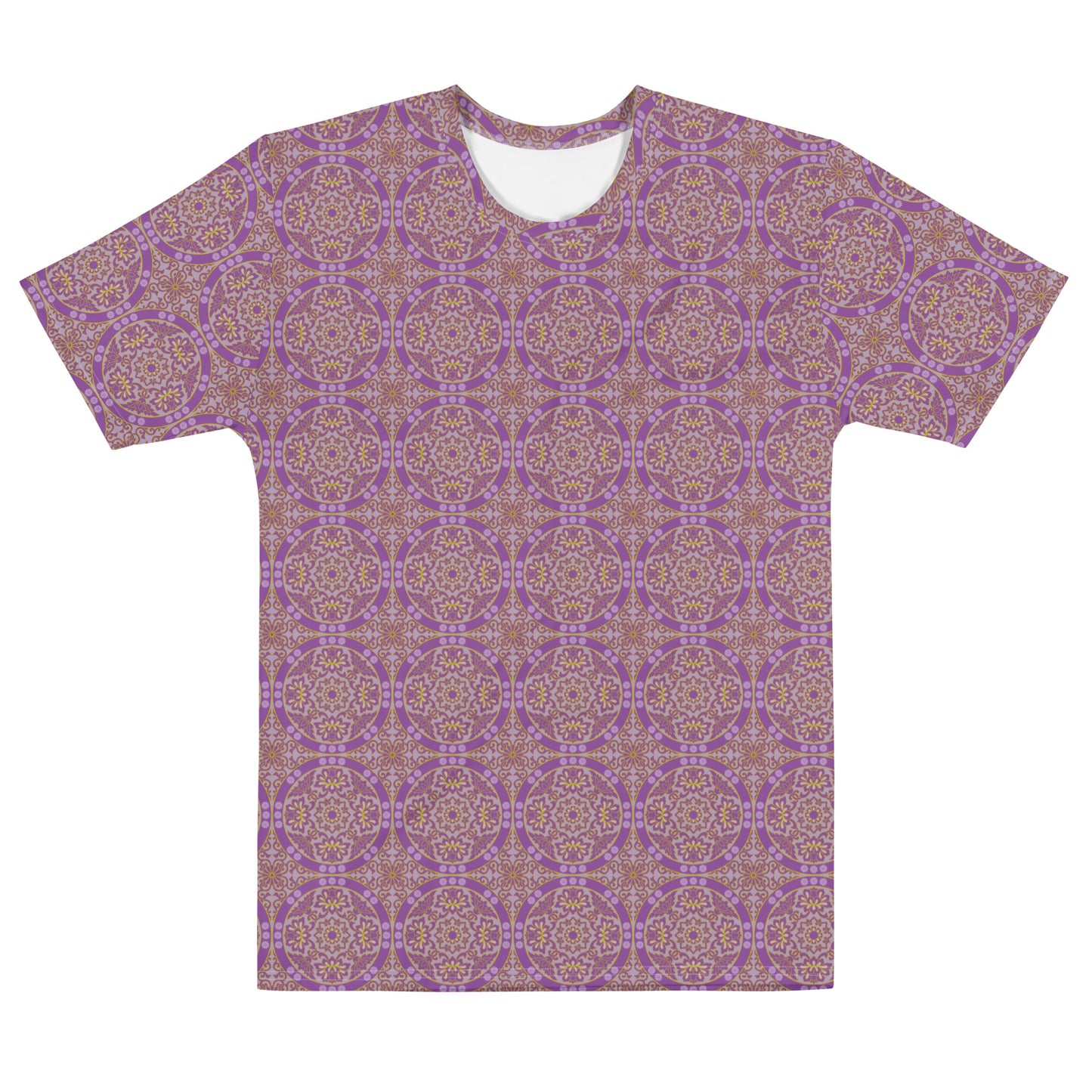 紫色ベースの割付文様メンズTシャツの前面画像