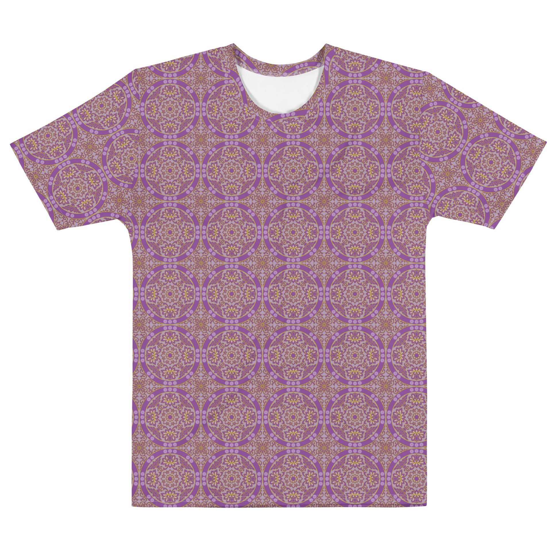 紫色ベースの割付文様メンズTシャツの前面画像