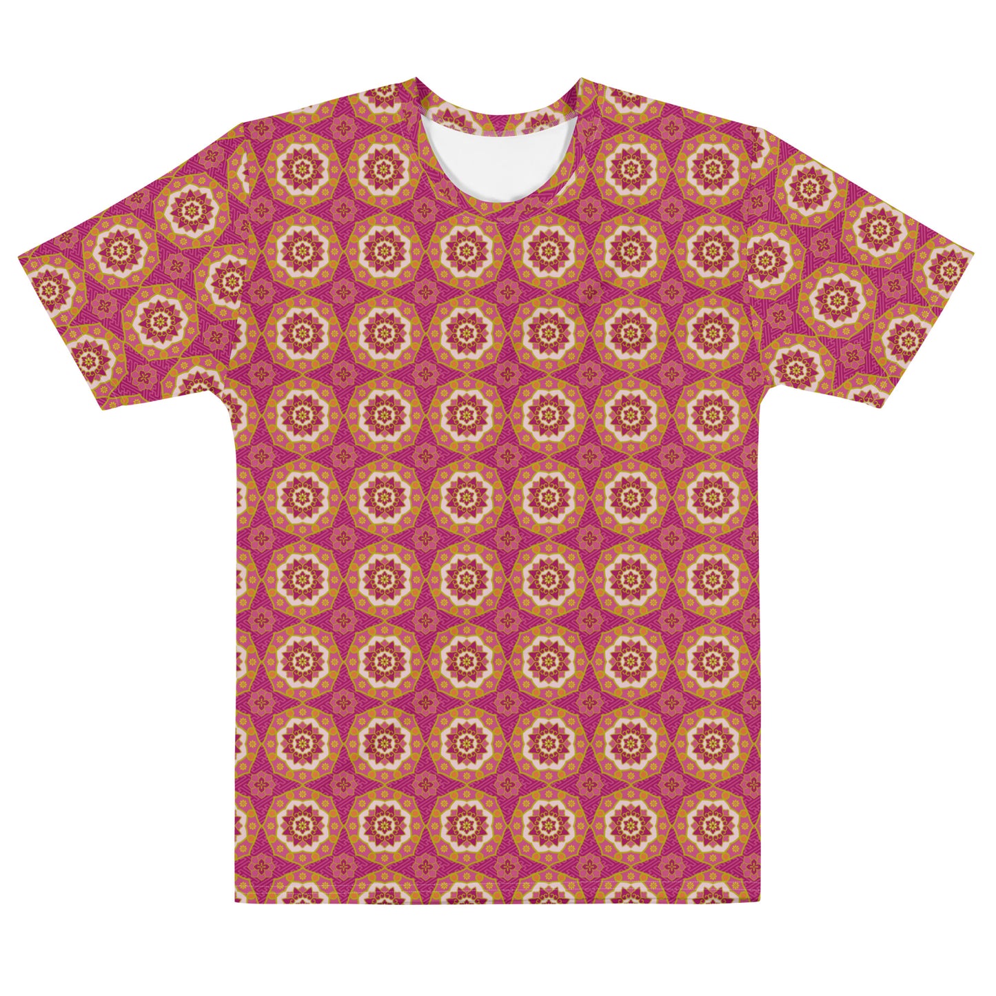 赤色ベースの蜀江文様メンズTシャツの前面画像