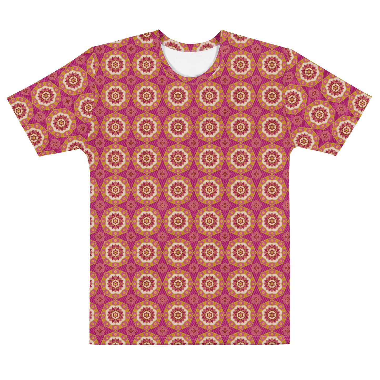 赤色ベースの蜀江文様メンズTシャツの前面画像