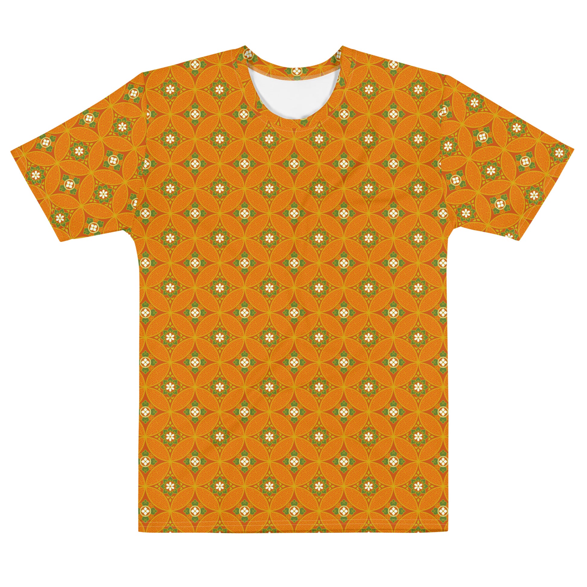 オレンジ色の七宝繋ぎ文様メンズTシャツの前面画像