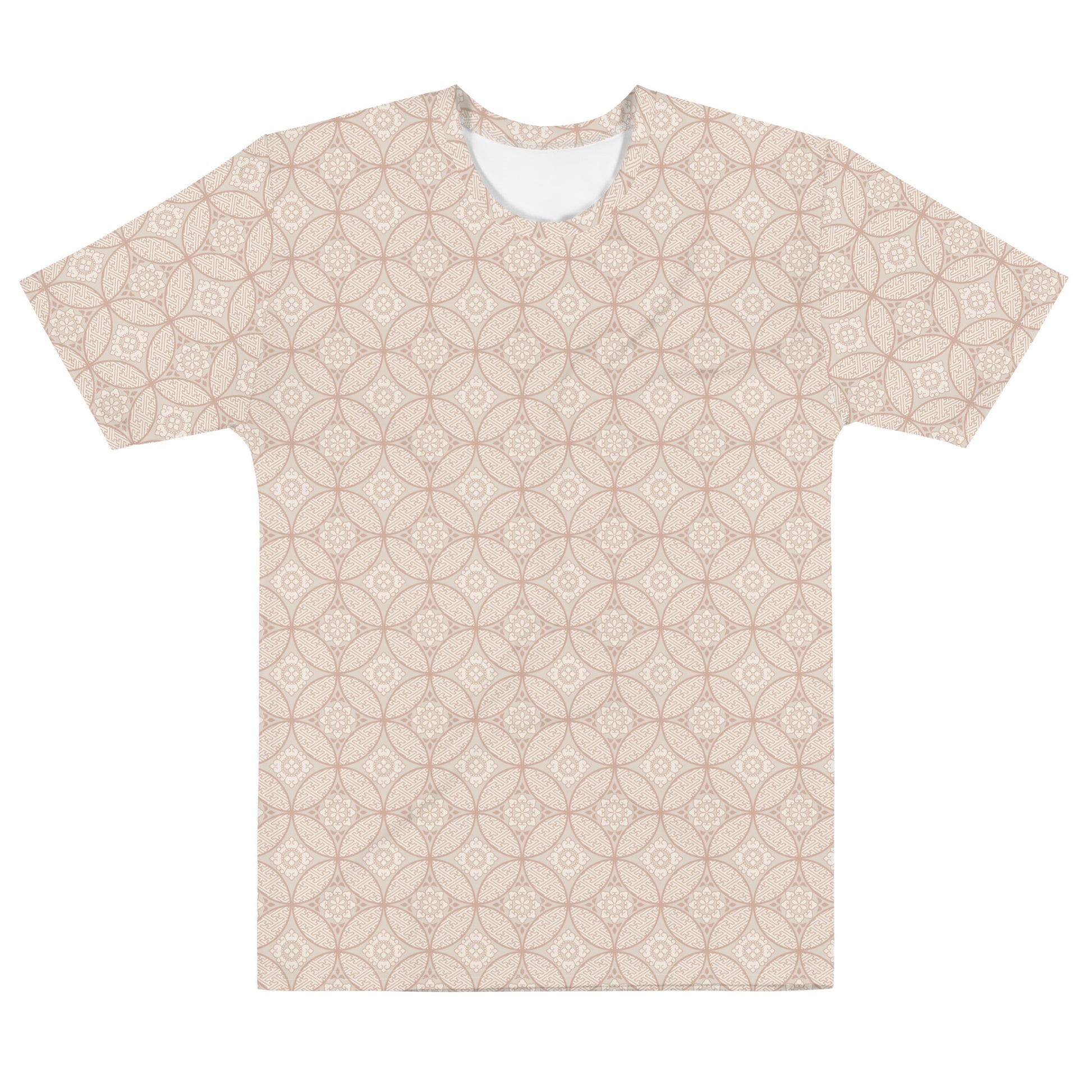 ベージュ色の七宝繋ぎ文様メンズTシャツの前面画像