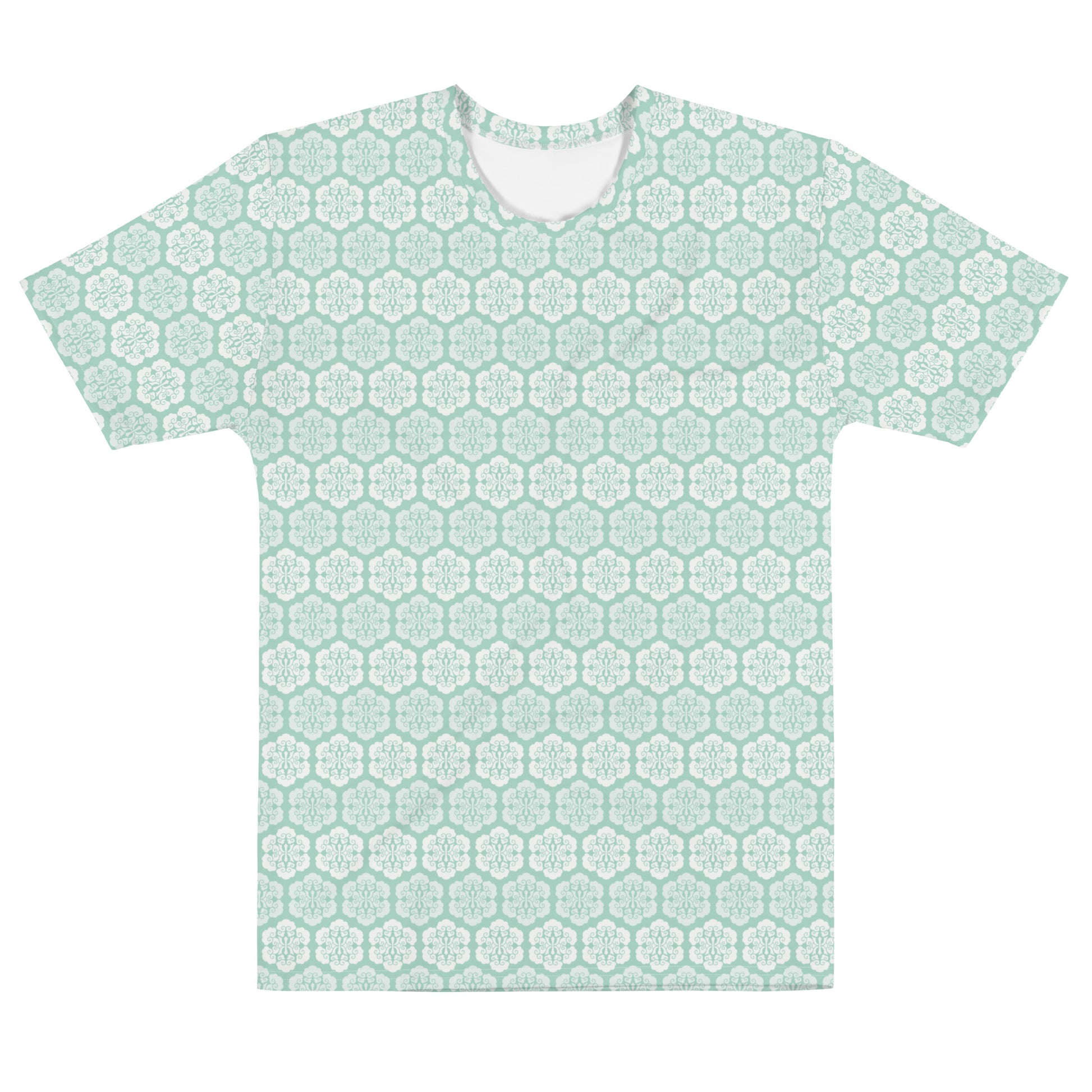 水色の六つ雲亀甲文様メンズTシャツの前面画像