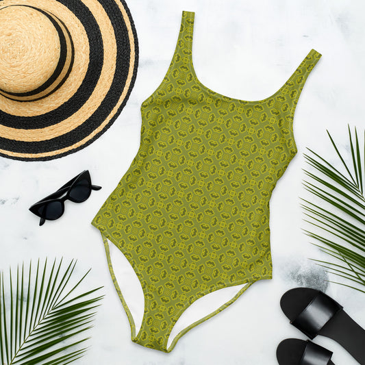 オリーブ色の割付文様のワンピース水着のイメージ画像