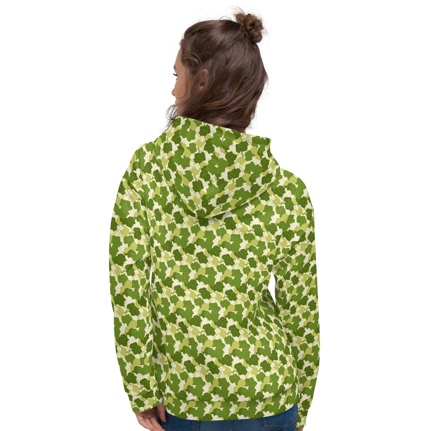 グリーンに黄色の迷彩柄っぽい瓢箪文様レディースパーカーのコーディネート画像（バック）