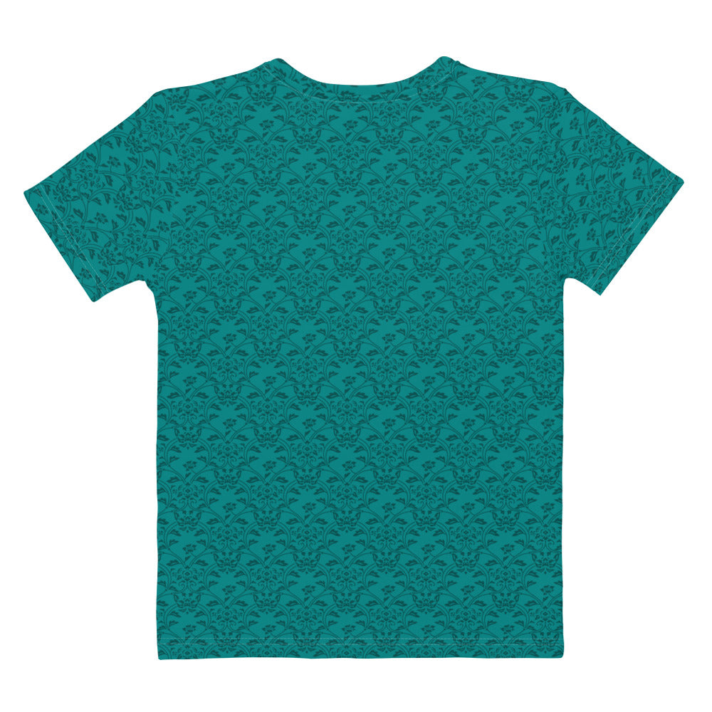 青色の唐花立湧文様レディースTシャツの背面画像