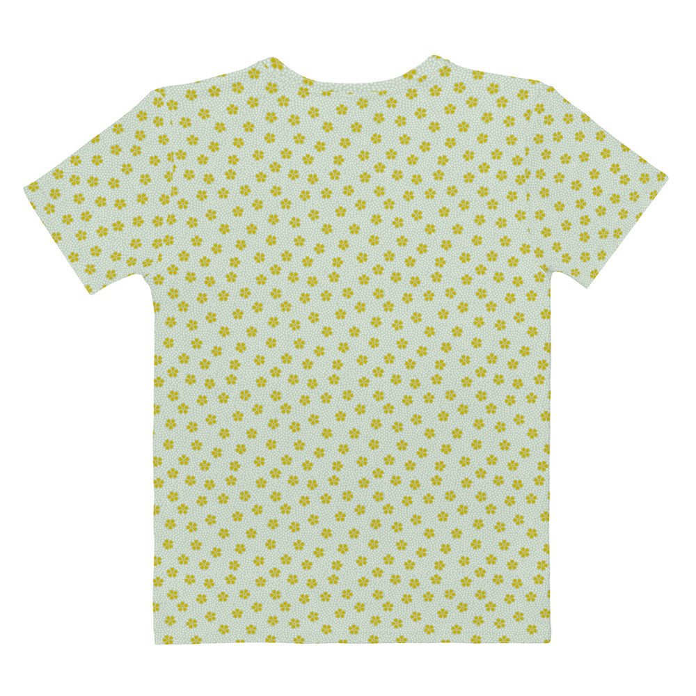 黄緑色の桜（花筏）文様レディースTシャツの背面画像