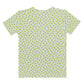 黄緑色の桜（花筏）文様レディースTシャツの背面画像