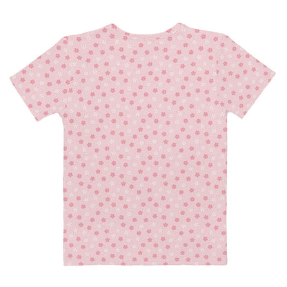 ピンクの桜（花筏）文様レディースTシャツの背面画像