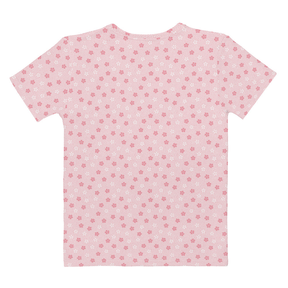 ピンクの桜（花筏）文様レディースTシャツの背面画像