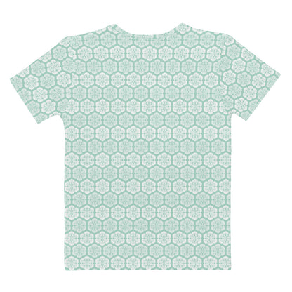 水色の六つ雲亀甲文様レディースTシャツの背面画像