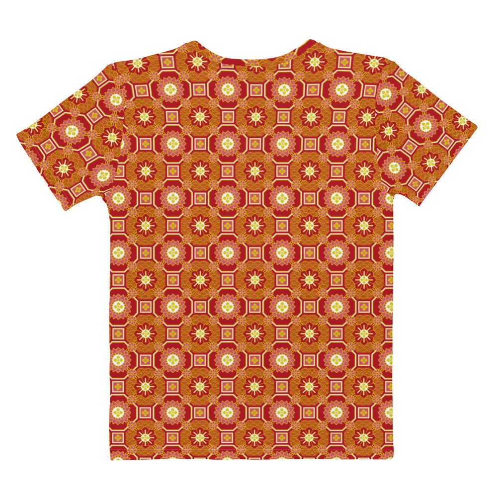 オレンジ色の蜀江文様レディースTシャツの背面画像
