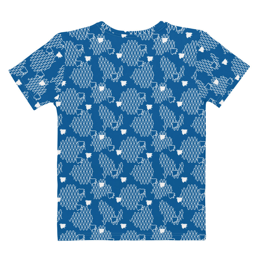 ブルーの網目に千鳥文様レディースTシャツの背面画像