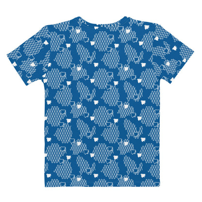 ブルーの網目に千鳥文様レディースTシャツの背面画像