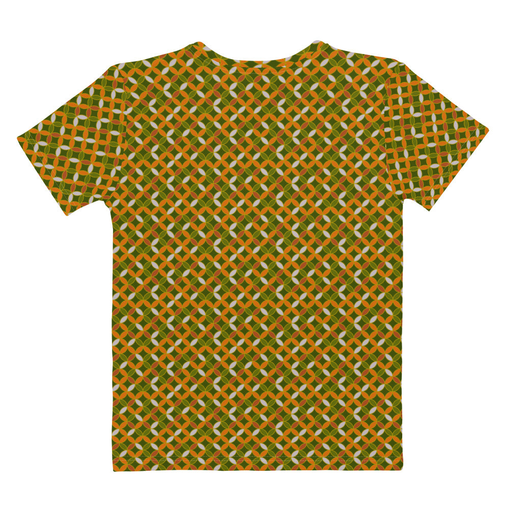 グリーンとオレンジ色の七宝繋ぎ文様レディースTシャツの背面画像