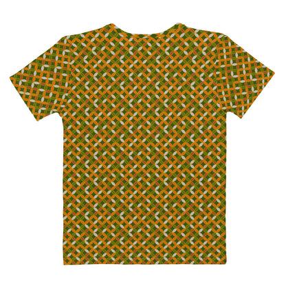 グリーンとオレンジ色の七宝繋ぎ文様レディースTシャツの背面画像