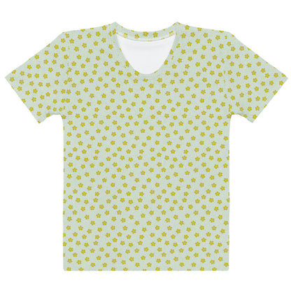 黄緑色の桜（花筏）文様レディースTシャツの前面画像