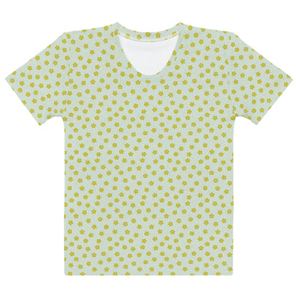 黄緑色の桜（花筏）文様レディースTシャツの前面画像