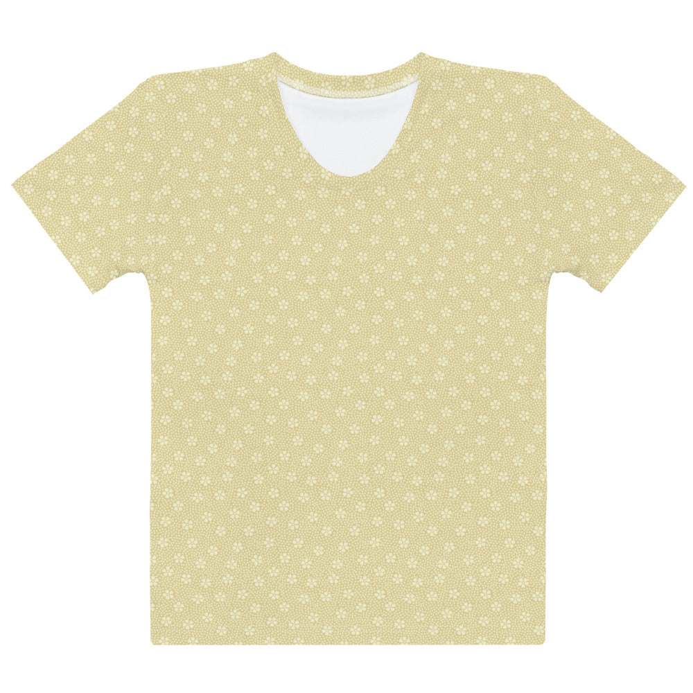 ベージュの桜（花筏）文様レディースTシャツの前面画像