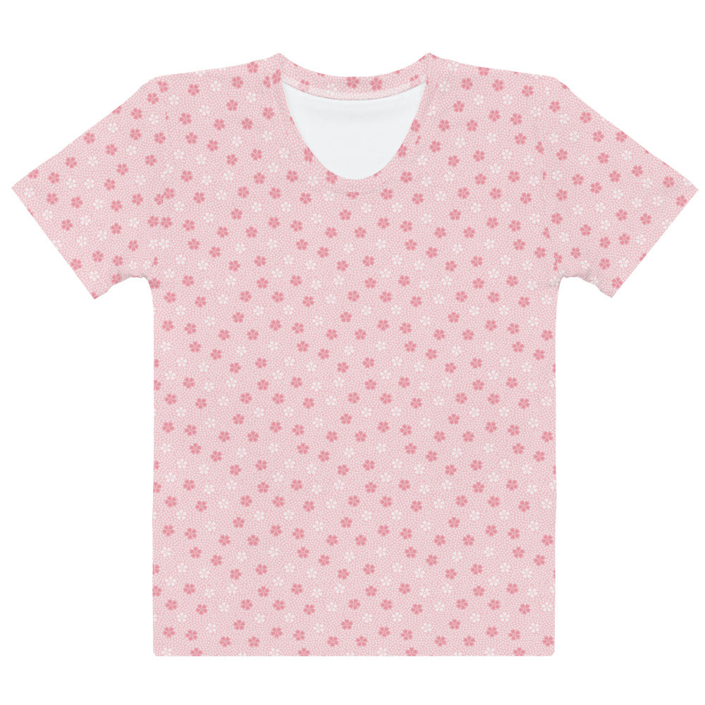 ピンクの桜（花筏）文様レディースTシャツの前面画像