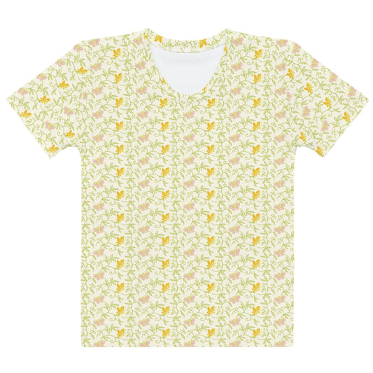 クリーム色ベースの笹に蝶文様レディースTシャツの前面画像