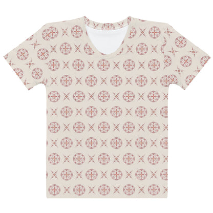 ベージュ色の割付文様レディースTシャツの前面画像
