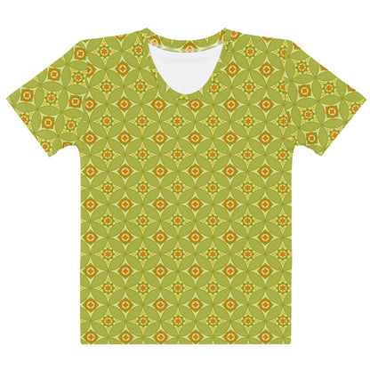 黄緑色の七宝繋ぎ文様レディースTシャツの前面画像