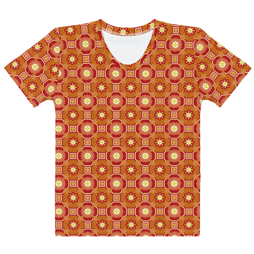 オレンジ色の蜀江文様レディースTシャツの前面画像