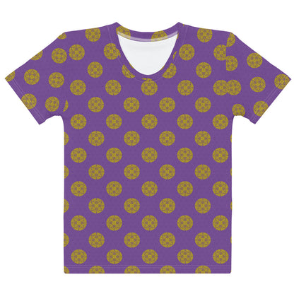 紫色の亀甲に金色八つ藤文様レディースTシャツの前面画像