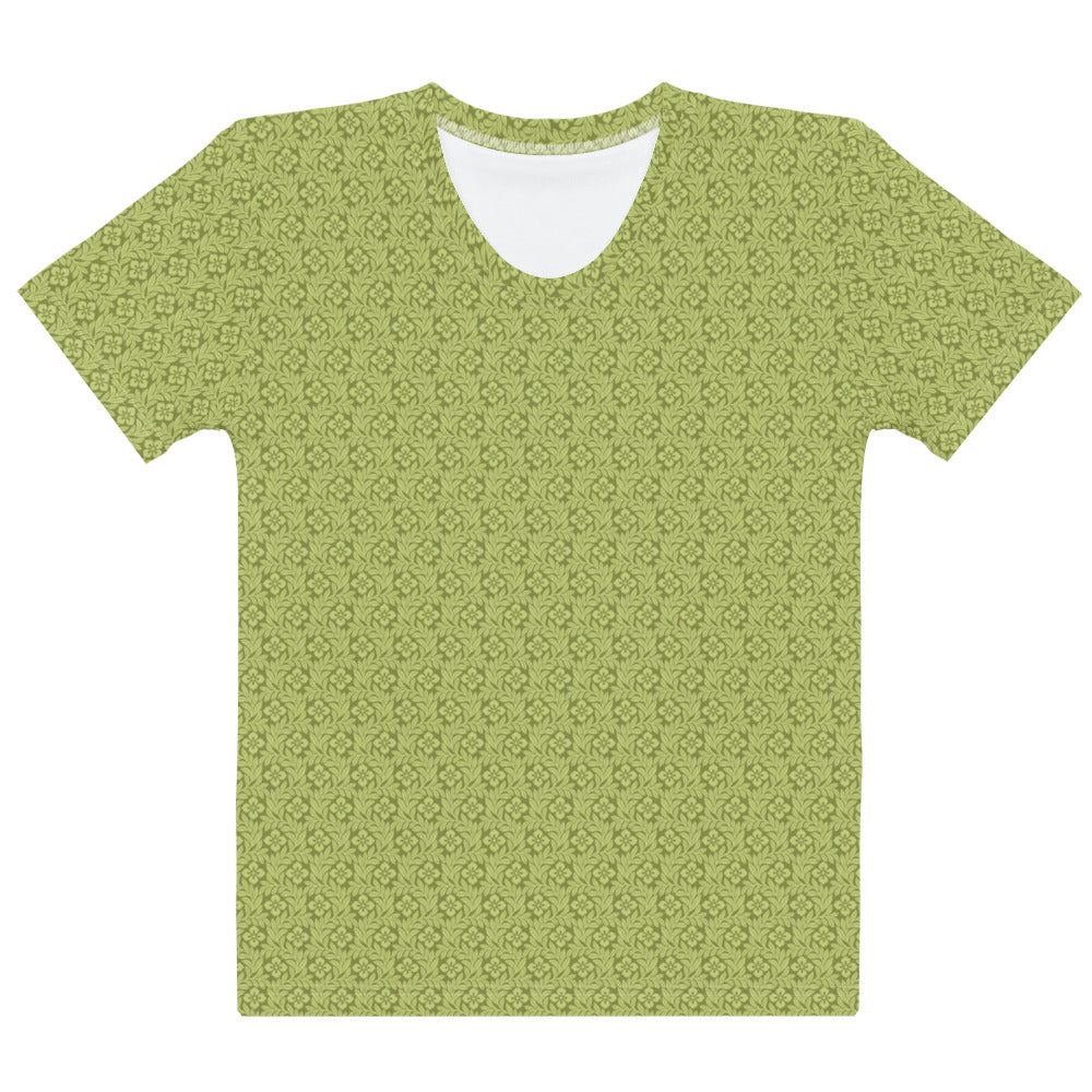 黄緑色の花勝見柄レディースTシャツの前面画像