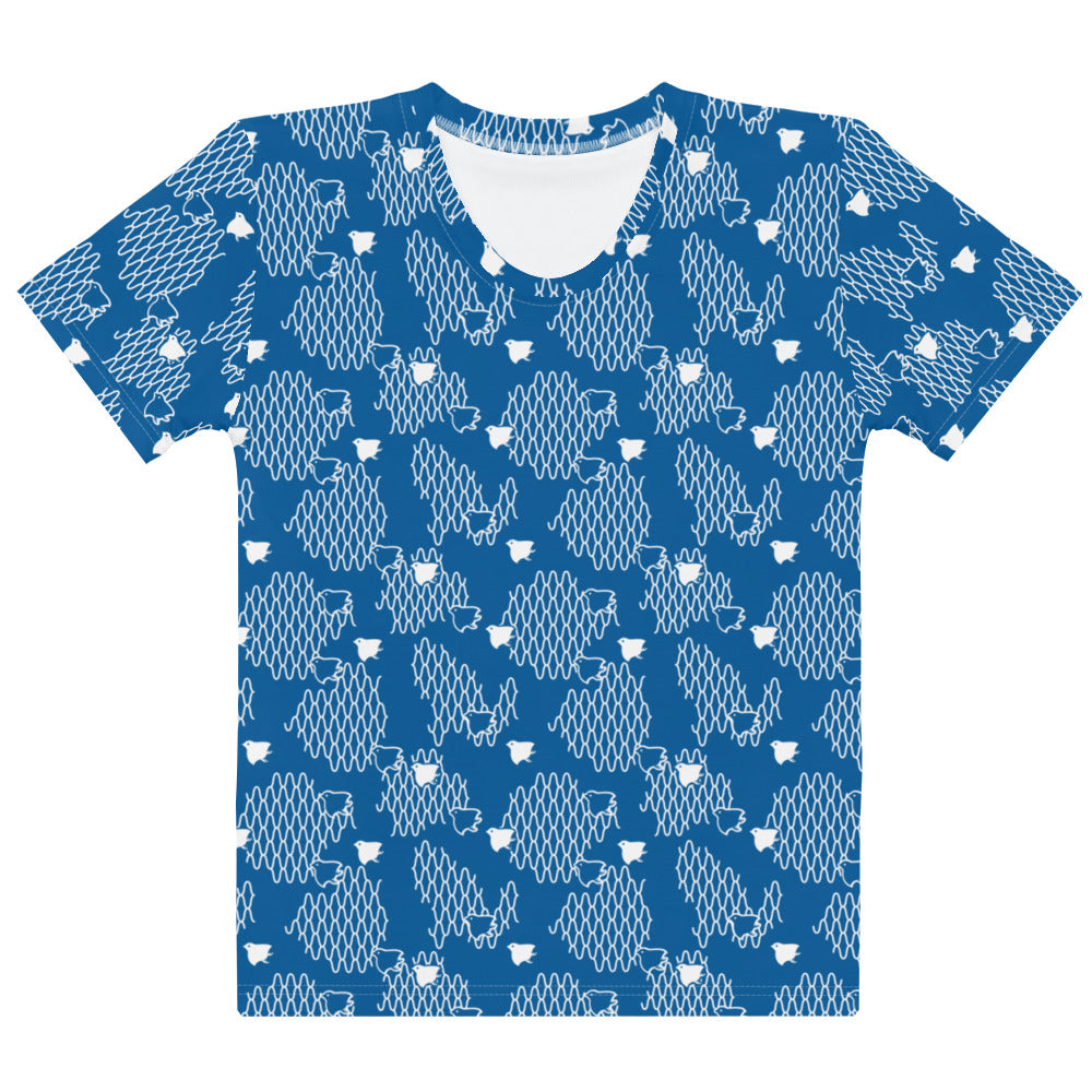 ブルーの網目に千鳥文様レディースTシャツの前面画像