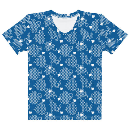 ブルーの網目に千鳥文様レディースTシャツの前面画像