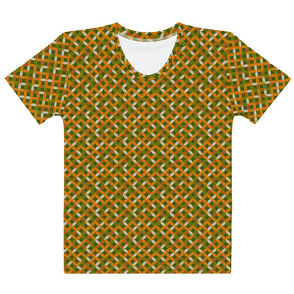 グリーンとオレンジ色の七宝繋ぎ文様レディースTシャツの前面画像