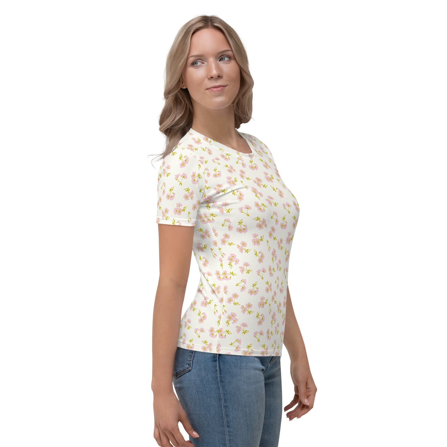 クリーム色の桜文様レディースTシャツのコーディネート画像（右サイド）