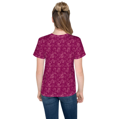 栗鼠（リス）の伝統文様をあしらった紫地の女の子Tシャツのコーデ画像（バック）
