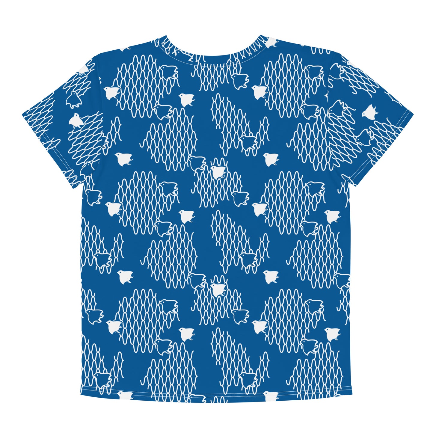 千鳥の伝統文様をあしらった青地の女の子Tシャツの背面画像