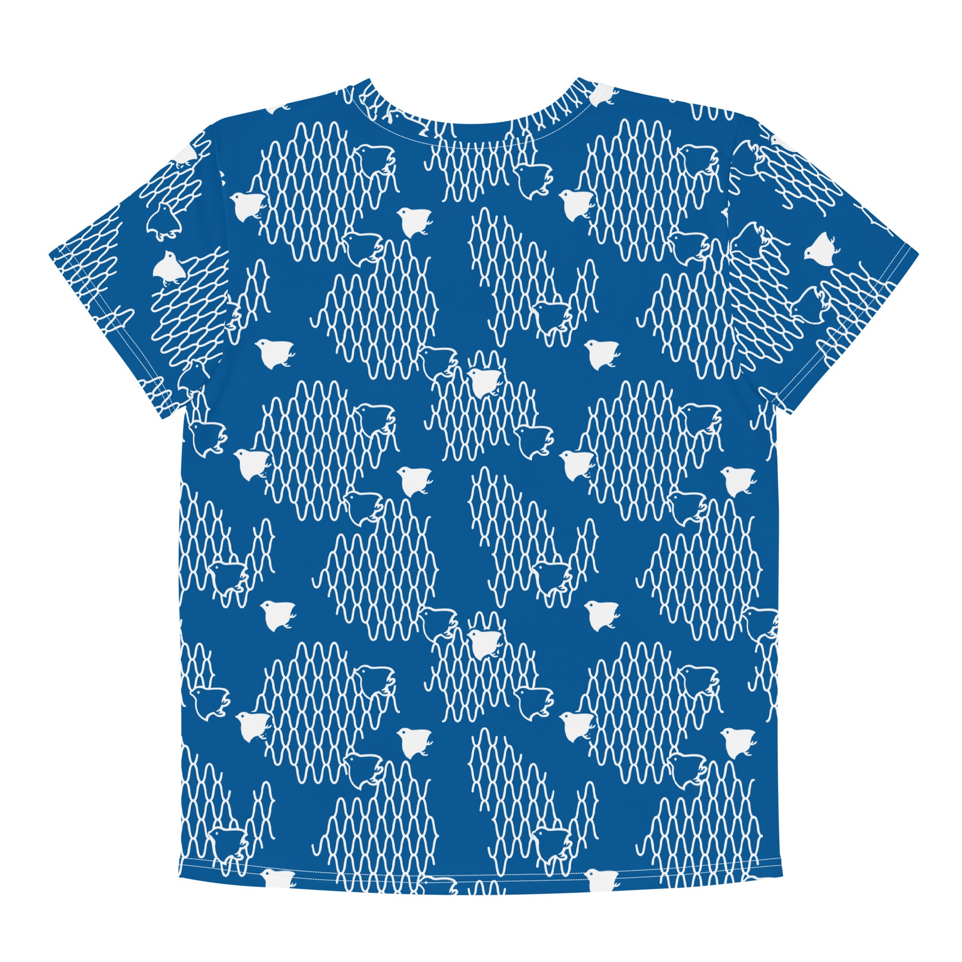 千鳥の伝統文様をあしらった青地の女の子Tシャツの背面画像