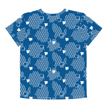 千鳥の伝統文様をあしらった青地の女の子Tシャツの背面画像