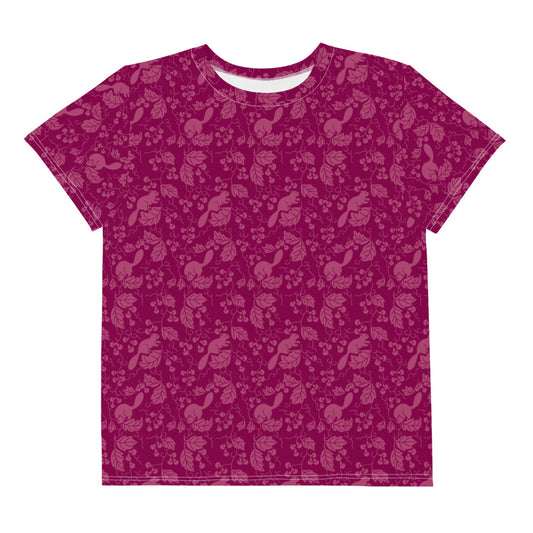栗鼠（リス）の伝統文様をあしらった紫地の男の子や女の子たち子供向けジュニアTシャツの前面画像