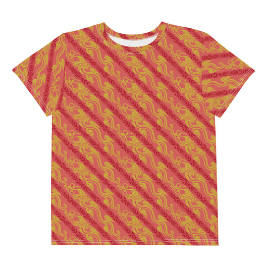 昇龍（昇竜）の伝統文様を赤地の男の子や女の子たち子供向けジュニアTシャツの前面画像