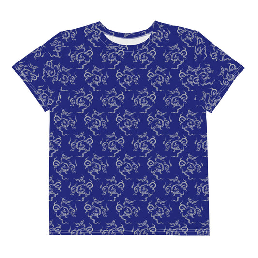 龍の文様である竜紋（龍紋）を四角くデフォルメした紺地の男の子や女の子たち子供向けジュニアTシャツの前面画像