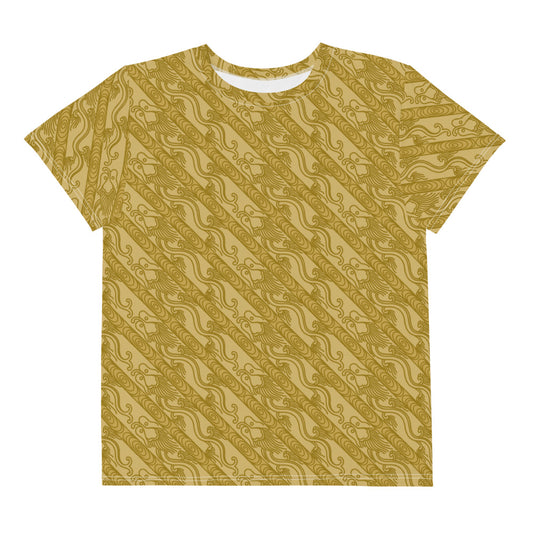 昇龍（昇竜）の伝統文様を茶色地の男の子や女の子たち子供向けジュニアTシャツの前面画像