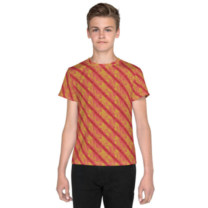 昇龍（昇竜）の伝統文様を赤地の男の子Tシャツのコーデ画像（フロント）