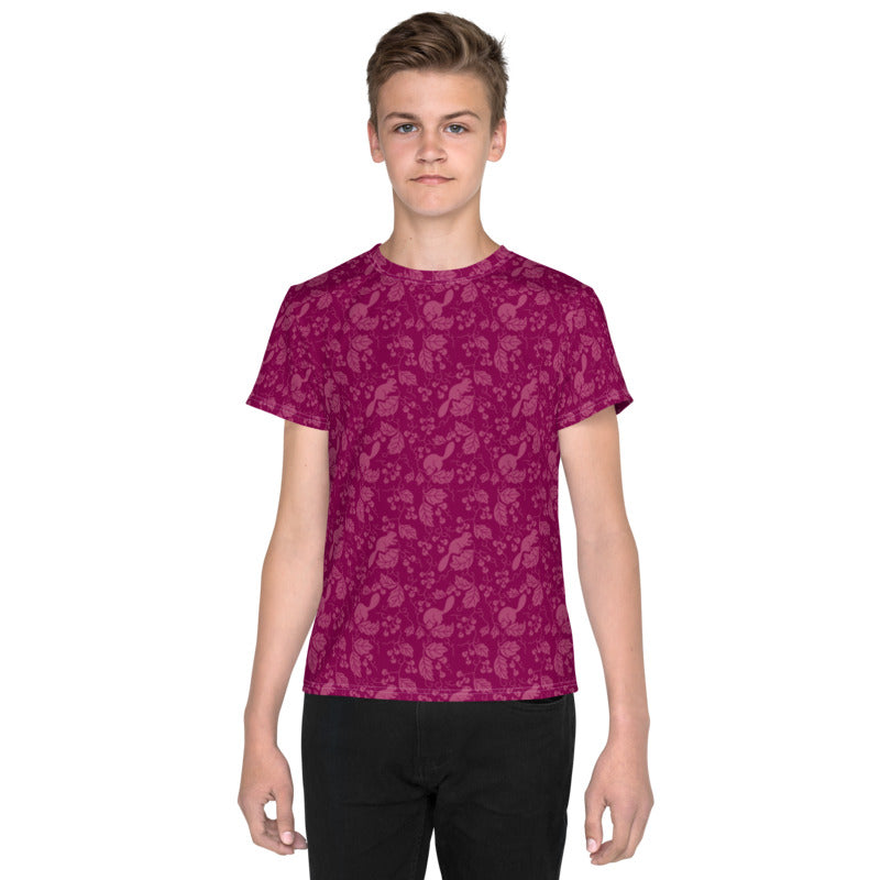 栗鼠（リス）の伝統文様をあしらった紫地の男の子Tシャツのコーデ画像（フロント）